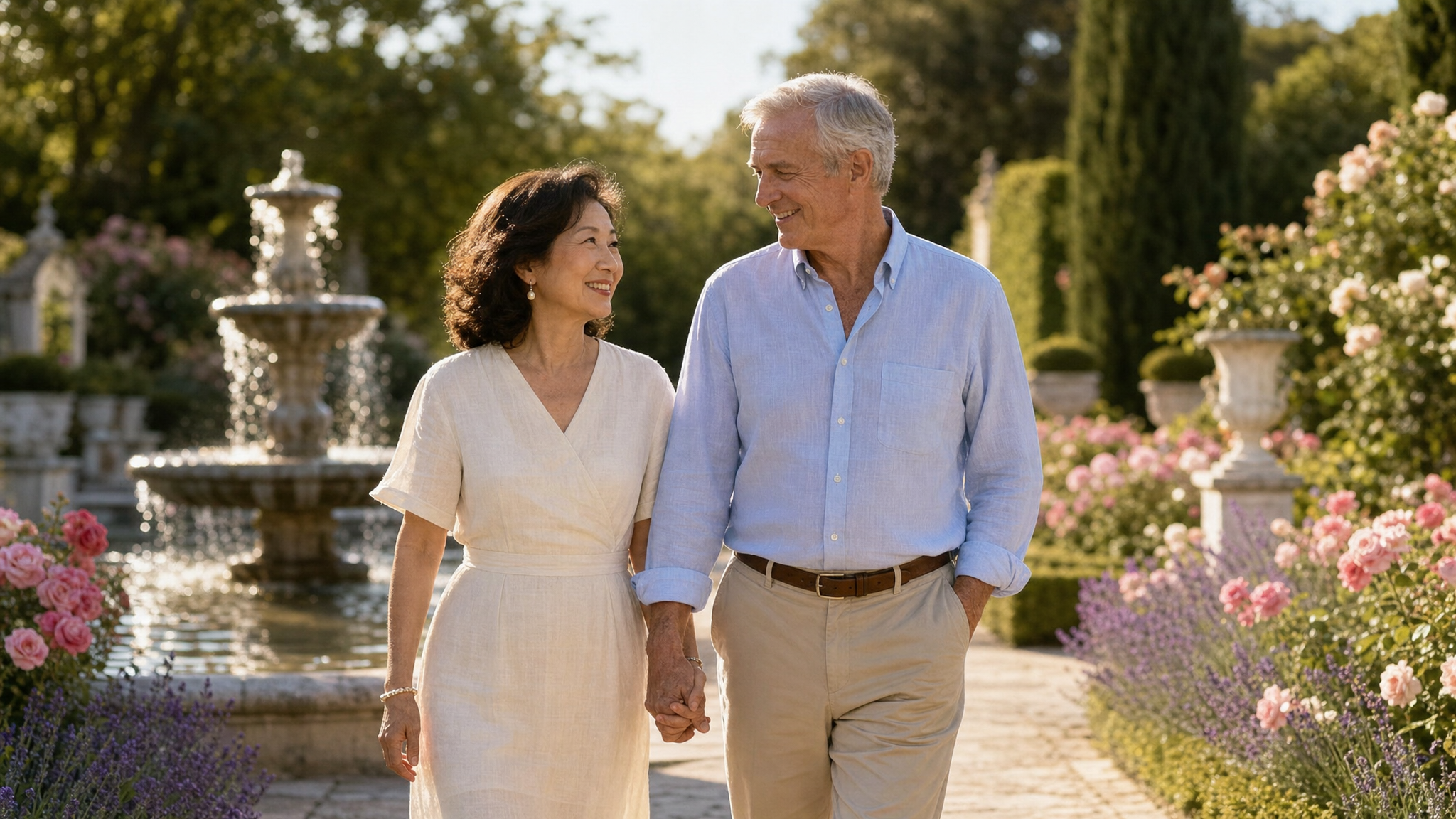 Diverse senior couple enjoying travel in European garden